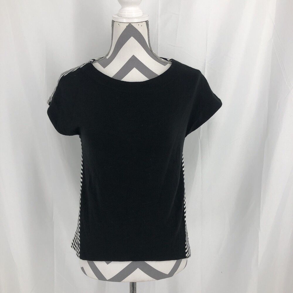 Women Zara Top Knit Ribbed Short Sleeve Sweater Black White Medium